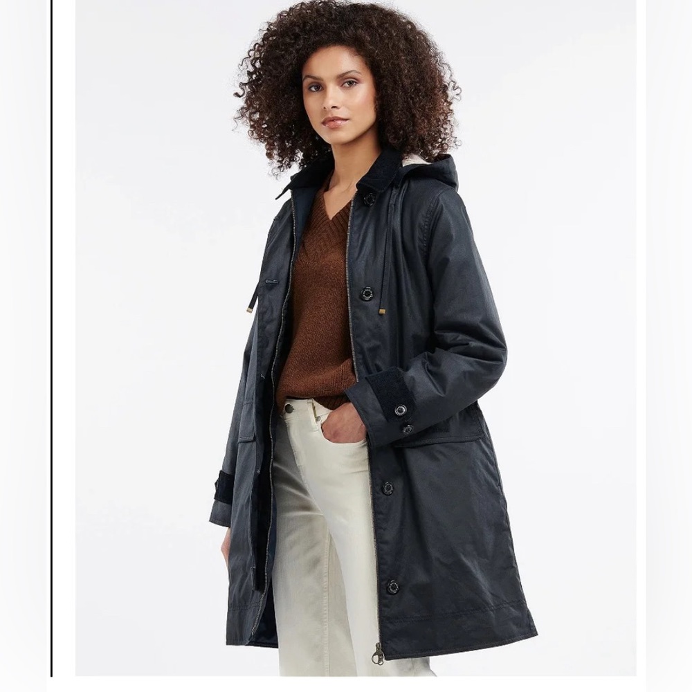 Barbour Baddesley hooded long padded waxed cotton coat